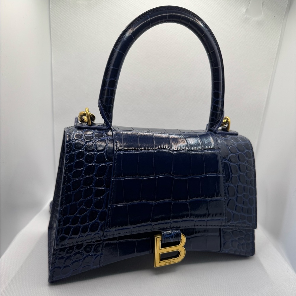 BALENCIAGA Hourglass Small Shiny Croc Bag in Dark Blue